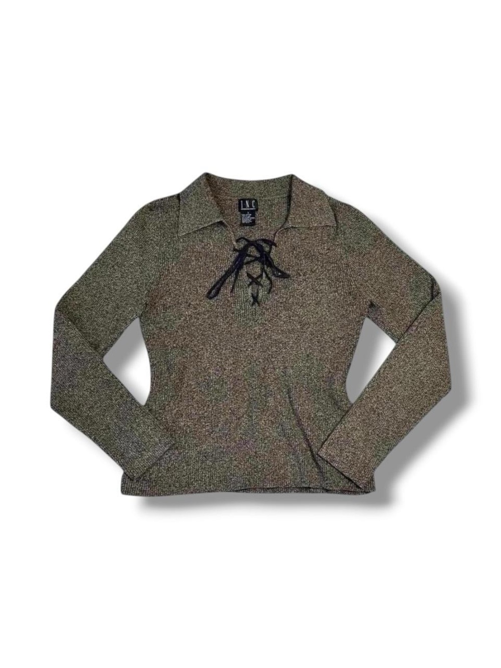 2000s INC Cotton Blend Knit Lace Up Suede String Long Sleeve Collared Sweater L
